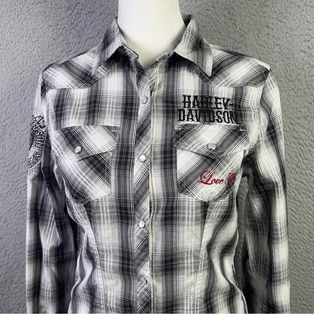 Harley Davison Shirt Womens Small Multicolor Plaid Button Embroidered Heart Y2K - Picture 3 of 10